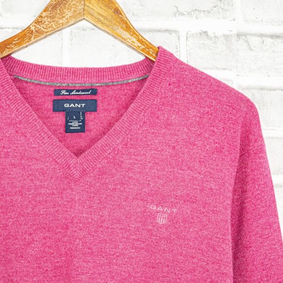GANT Size Large Fine Lambswool Vneck Pullover Sweater in Pink Knit - Picture 5 of 7